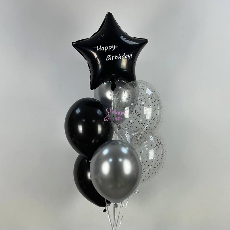 Сэт гелиевых шаров "Black and Silver" -Happy Birthday buket - 0128 фото