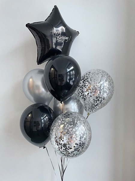 Сет гелієвих кульок "Black and Silver" -Happy Birthday buket - 0128 фото
