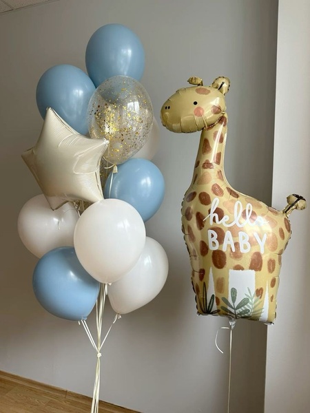 Набір кульок з гелієм на виписку - Жираф Hello Baby buket - 0199 фото