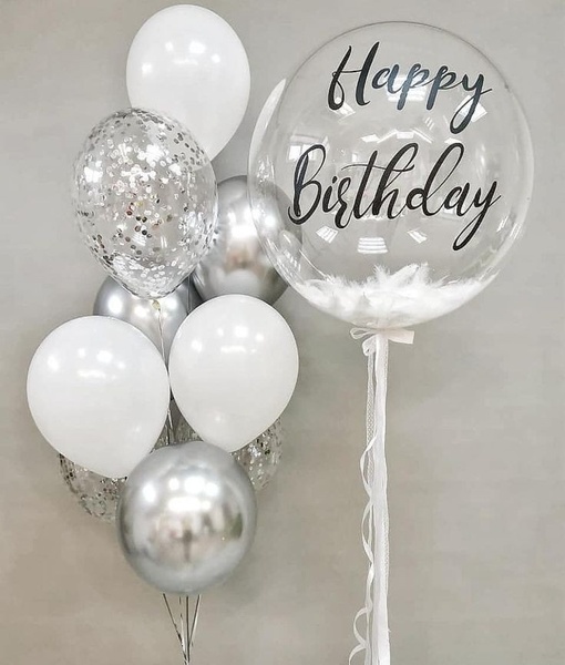 Набір кульок Баблс Happy Birthday з пір'ям buket - 0203 фото