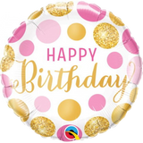 Фольгированный шар Happy Birthday - розовый и золотой горошек